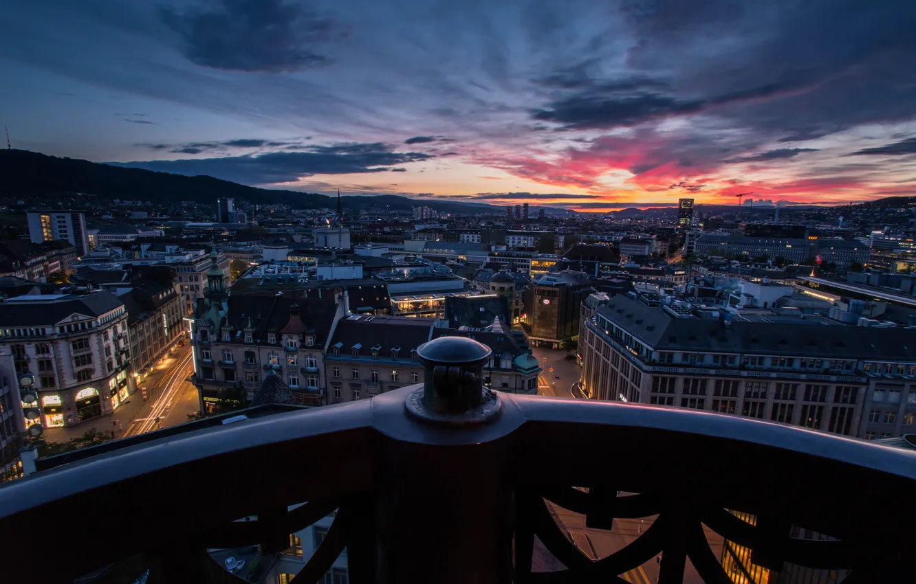 Фото обои закат, огни, вечер, сумерки, Цюрих, вид с балкона
