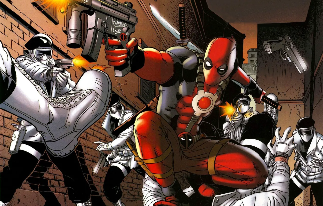 Фото обои gun, marvel, comics, deadpool, heroes