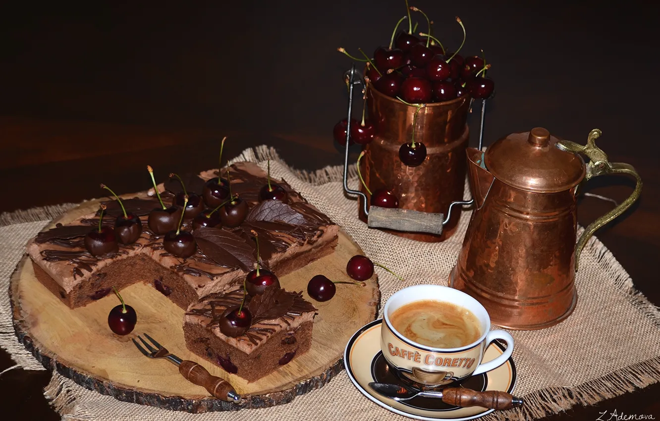 Фото обои вишня, кофе, пирог, десерт