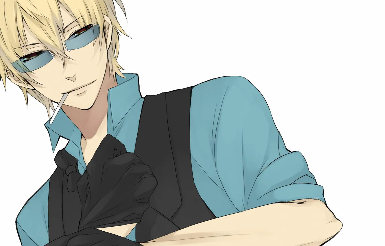 Фото обои аниме, очки, сигарета, перчатки, рубашка, парень, курит, блондин