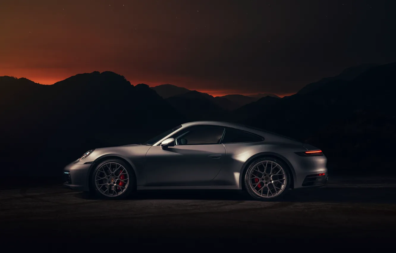 Фото обои купе, 911, Porsche, Carrera 4S, 992, 2019, силуэты гор