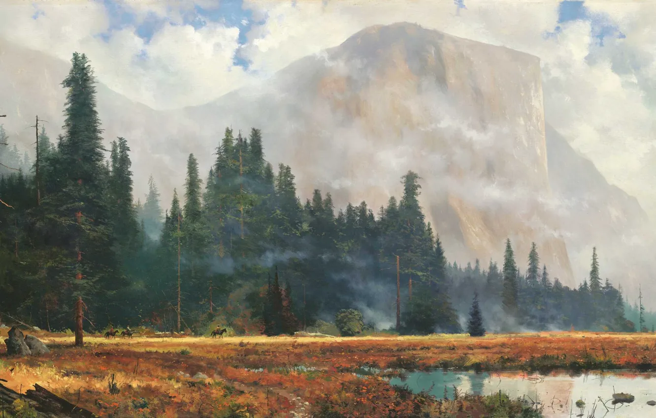 Фото обои landscape, rocks, horses, thomas kinkade, pine forest, Yosemite Meadow