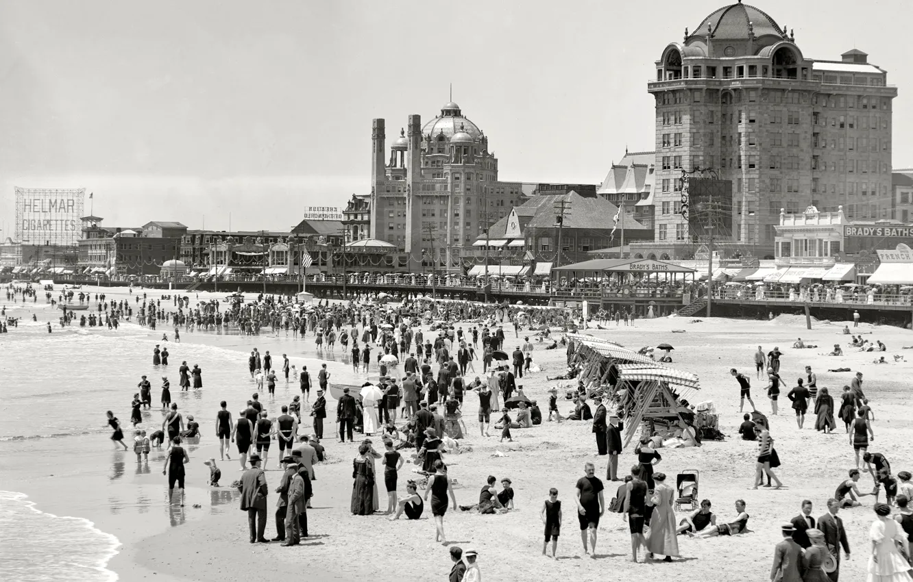 Фото обои море, пляж, ретро, люди, берег, США, 1915-й год