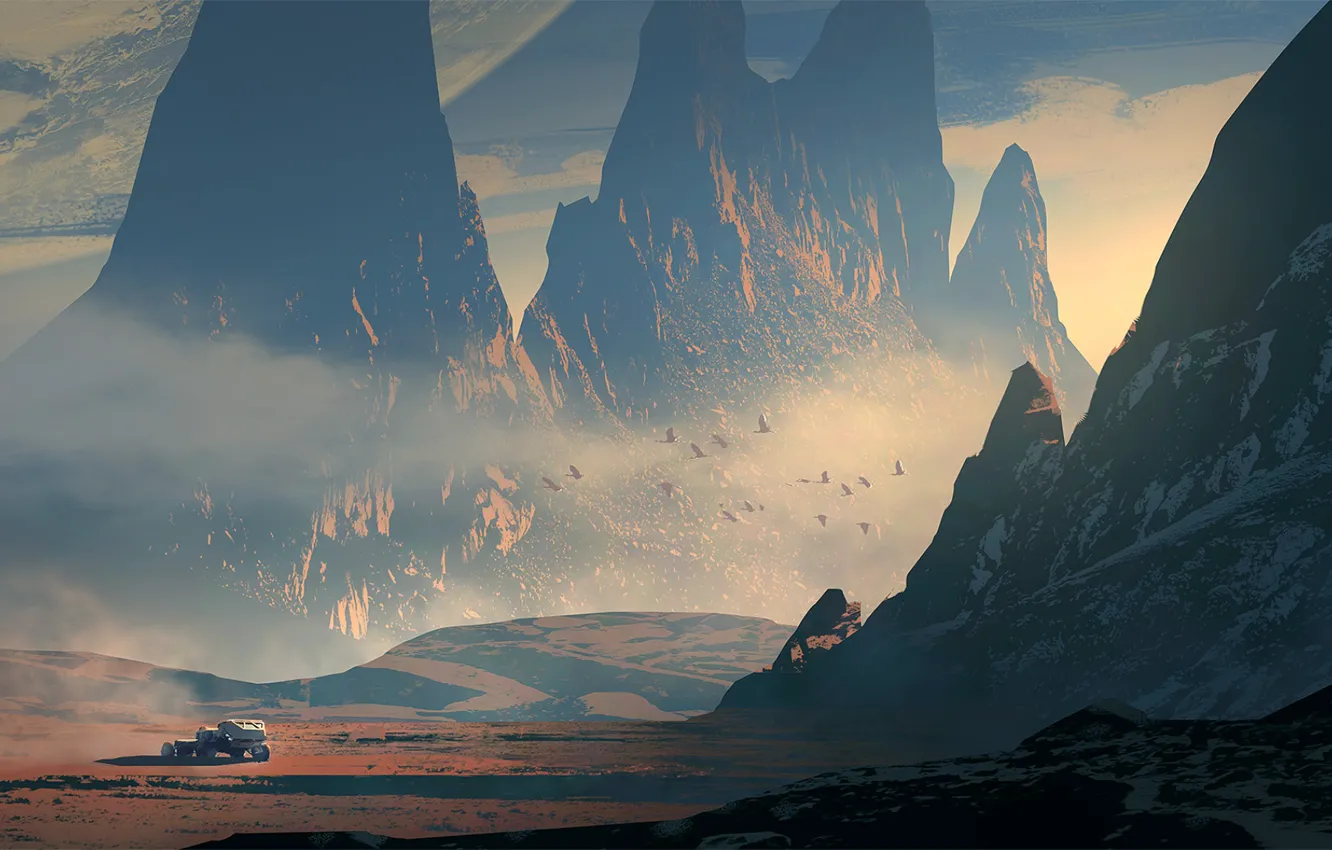 Фото обои машина, небо, горы, птица, планета, alone on kapteyn