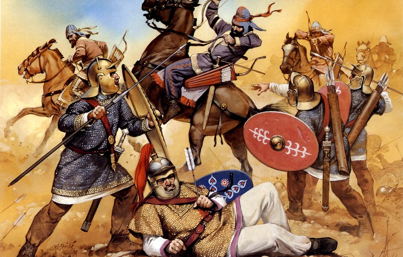 Фото обои арт, битва, щиты, дротики, шлемы, лучники, луки, кальчуги