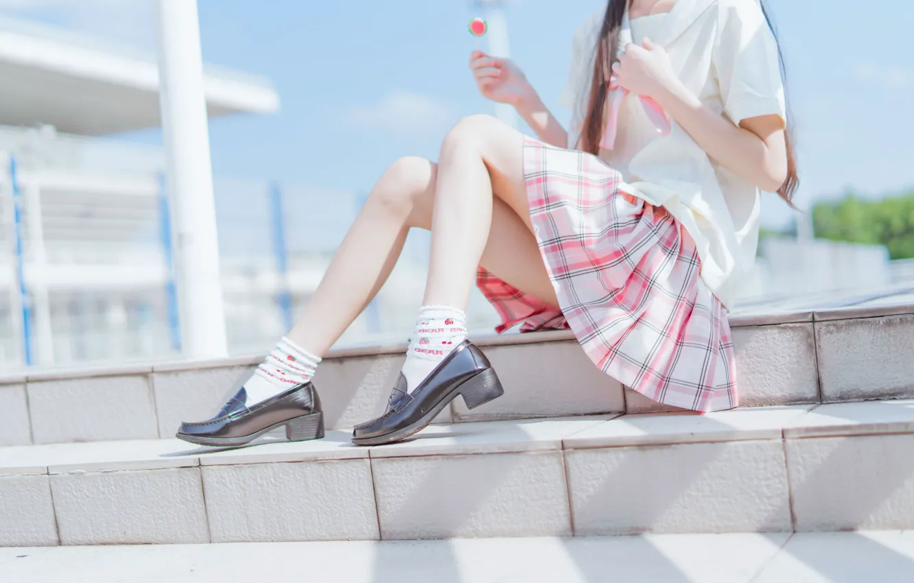 Фото обои legs, pink, model, asian, babe, photoshoot, skirt, uniform
