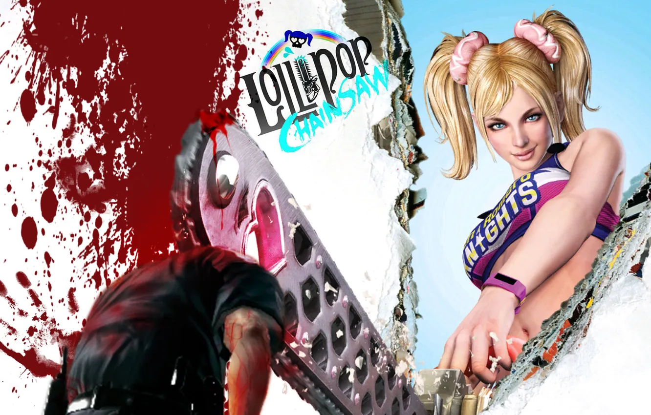 Фото обои девушка, кровь, болельщица, блондинка, зомби, хвостики, Lollipop Chainsaw, Juliet