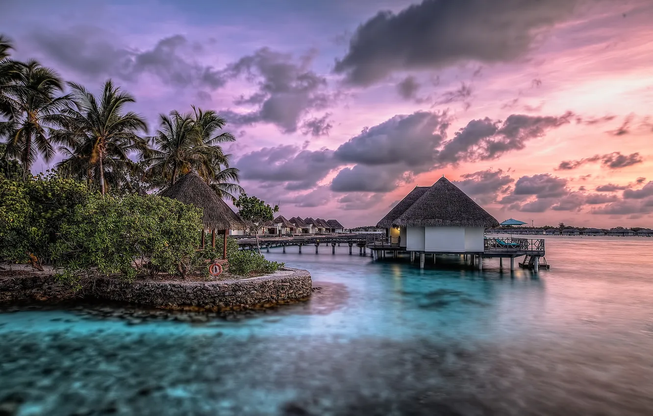 Фото обои море, пейзаж, закат, дома, Maldives