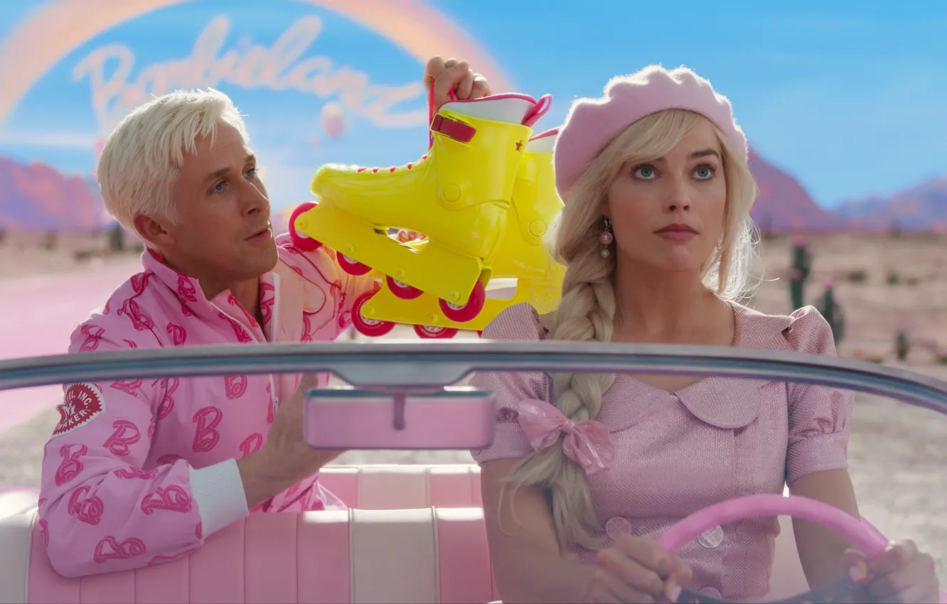 Фото обои Девушка, парень, Двое, Автомобиль, Ryan Gosling, Райан Гослинг, Barbie, Margot Robbie