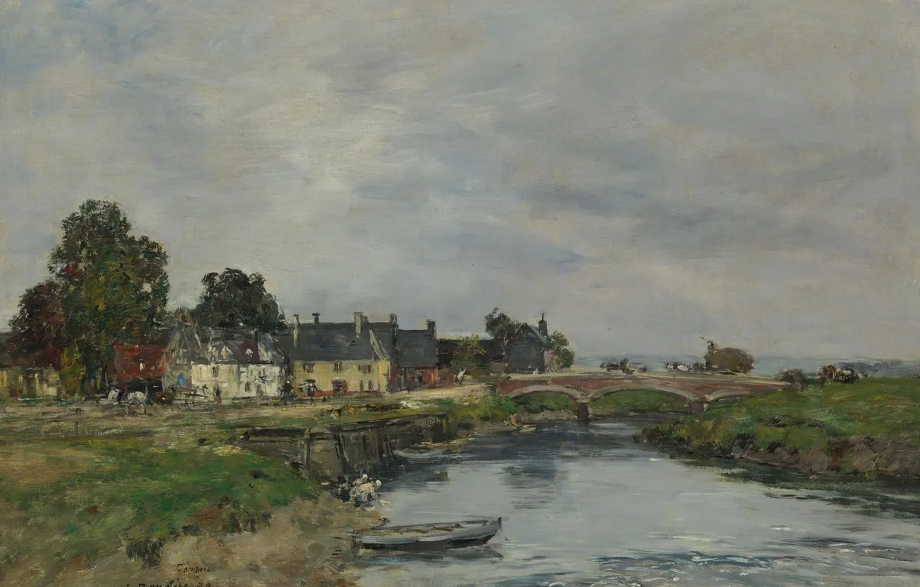 Фото обои пейзаж, мост, река, дома, картина, Эжен Буден, Eugene Boudin, Touques. The Port of Vieux