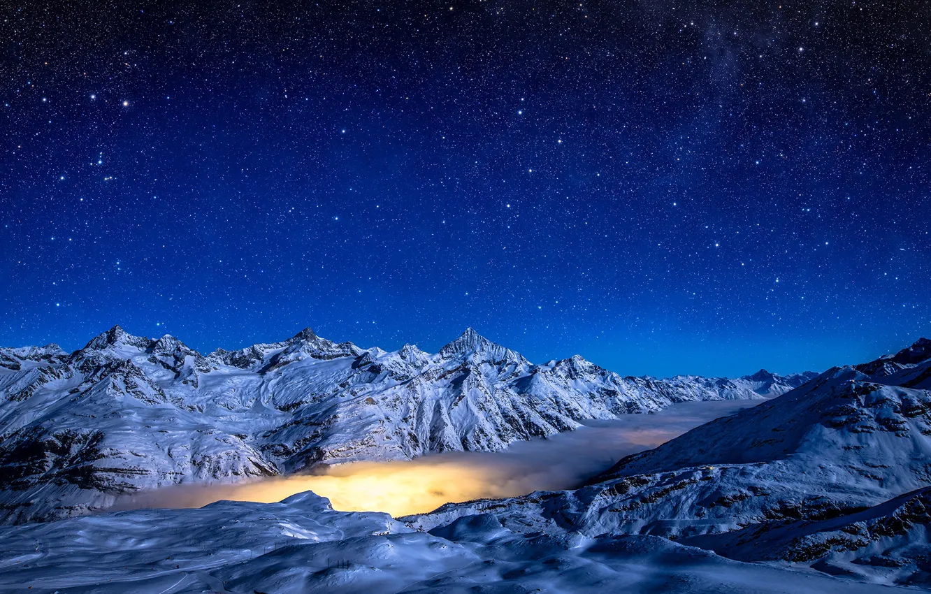 Фото обои зима, небо, звезды, снег, горы, ночь