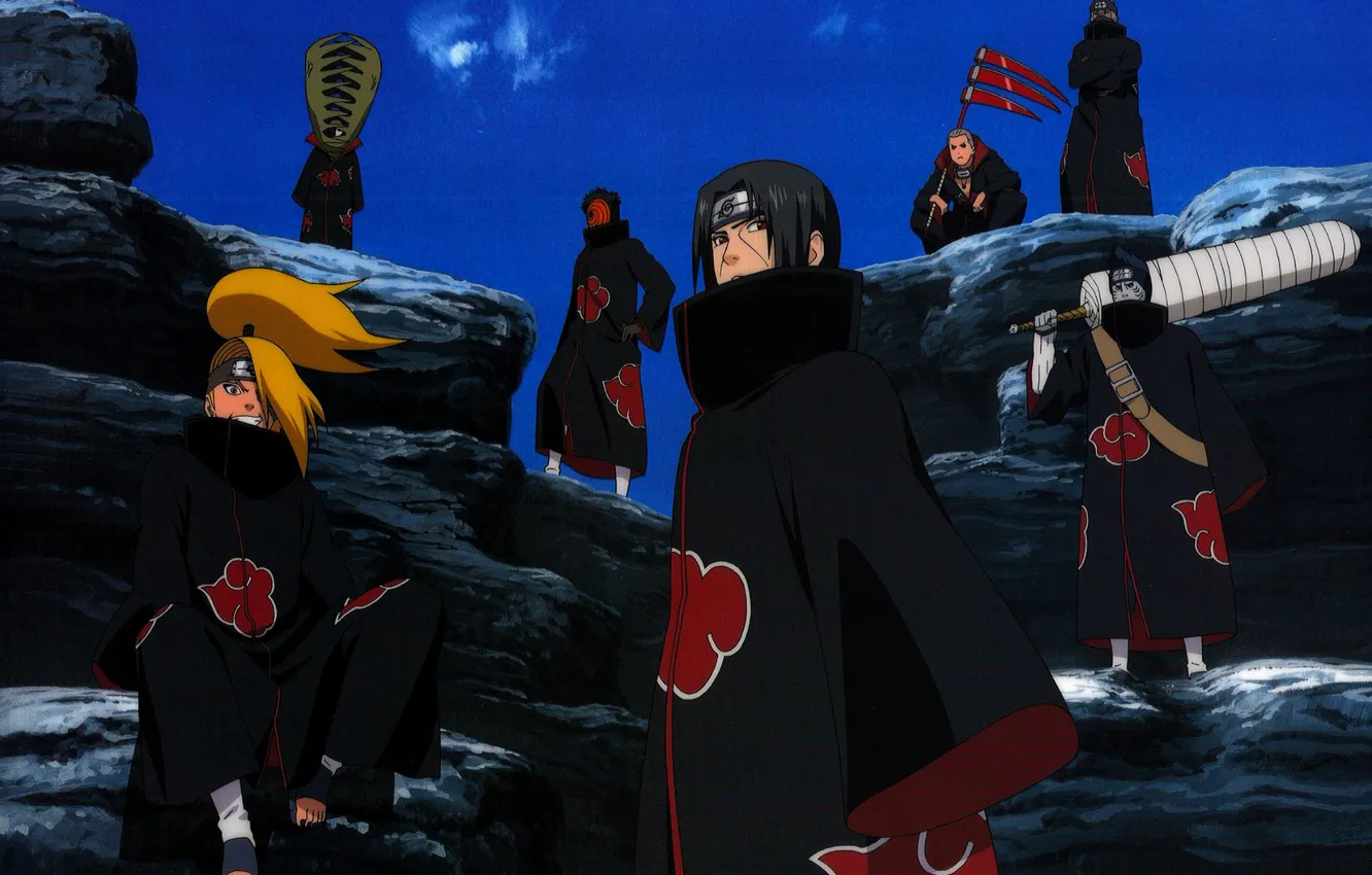 Фото обои небо, меч, коса, Itachi, ninja, Akatsuki, Deidara, Naruto Shippuden