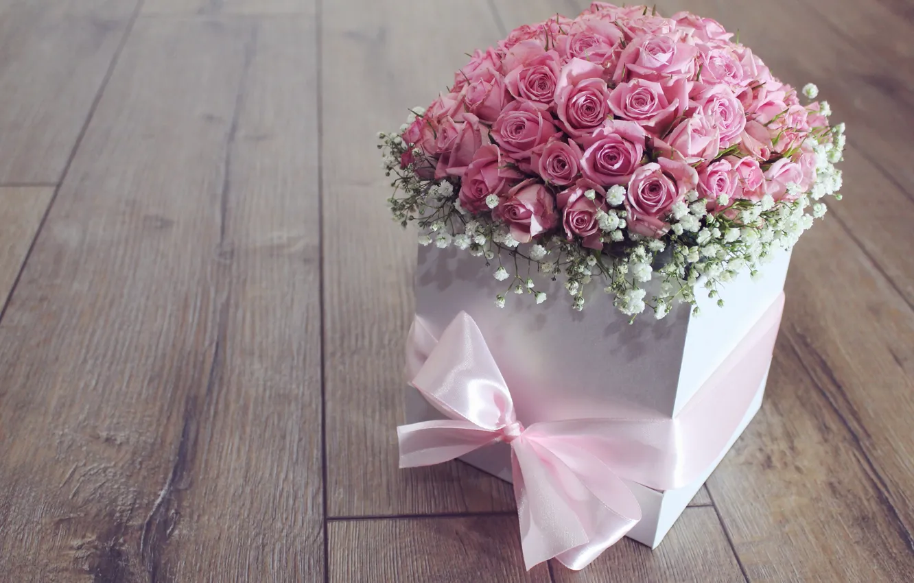 Фото обои цветы, коробка, розы, букет, розовые, бант