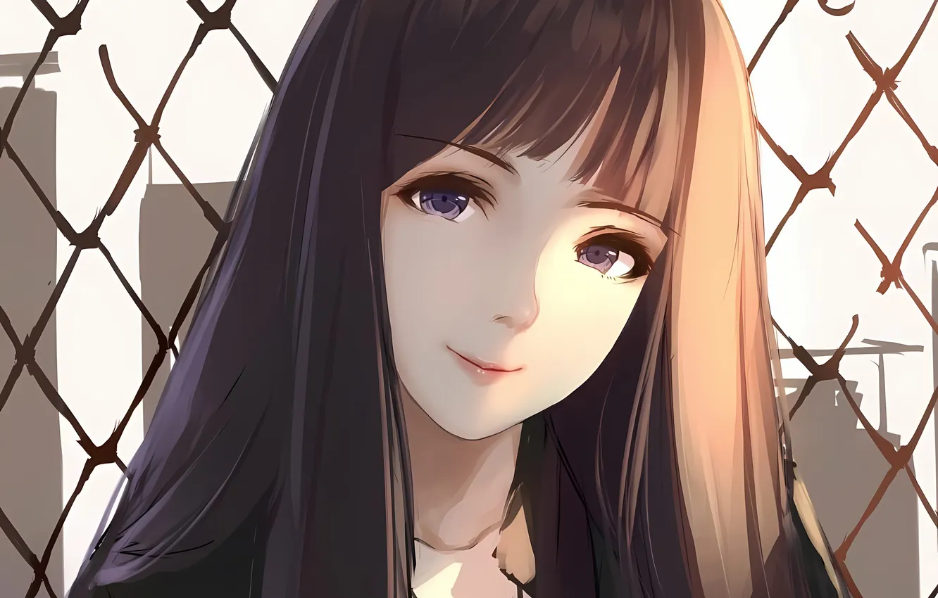 Фото обои girl, long hair, brown hair, smile, anime, beautiful, purple eyes, pretty