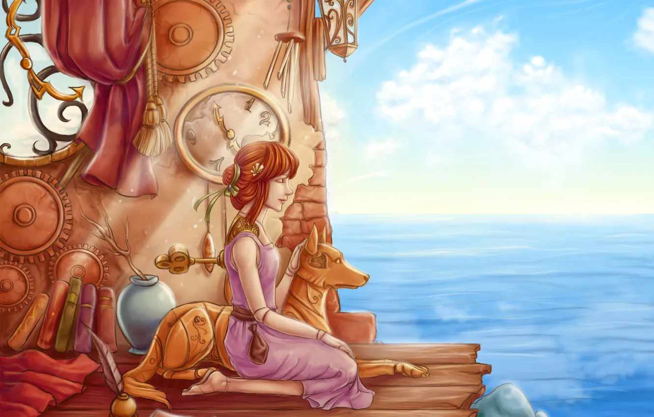 Фото обои море, небо, вода, девушка, спина, часы, ключ, арт