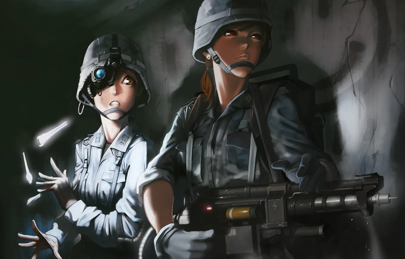 Фото обои оружие, девушки, стена, арт, автомат, форма, каска, военная
