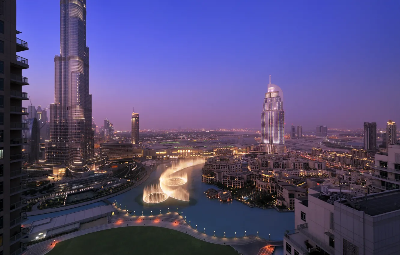 Фото обои city, дома, вечер, Дубай, Dubai, высотки, панорама., naght