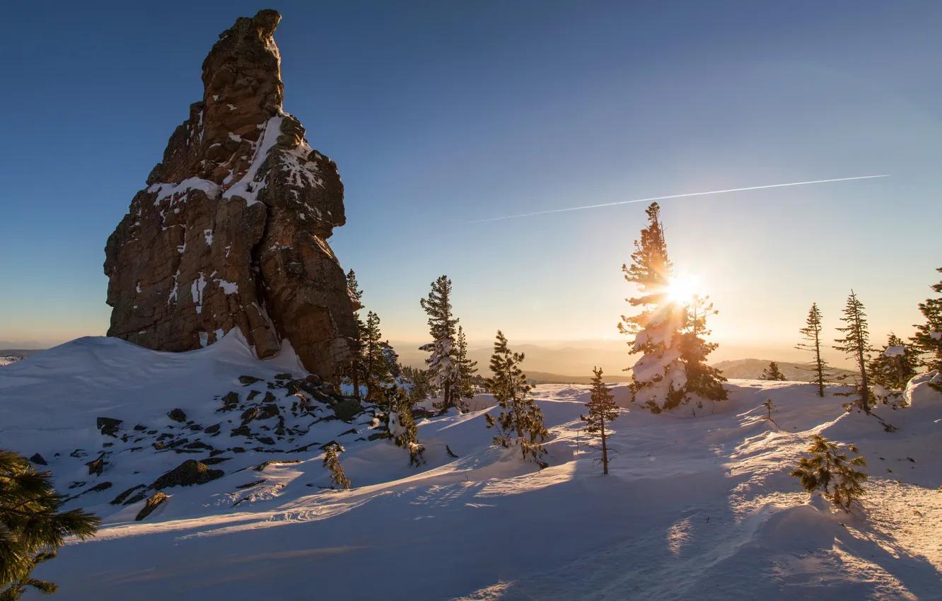 Фото обои зима, солнце, лучи, снег, деревья, камень, Горы, ели