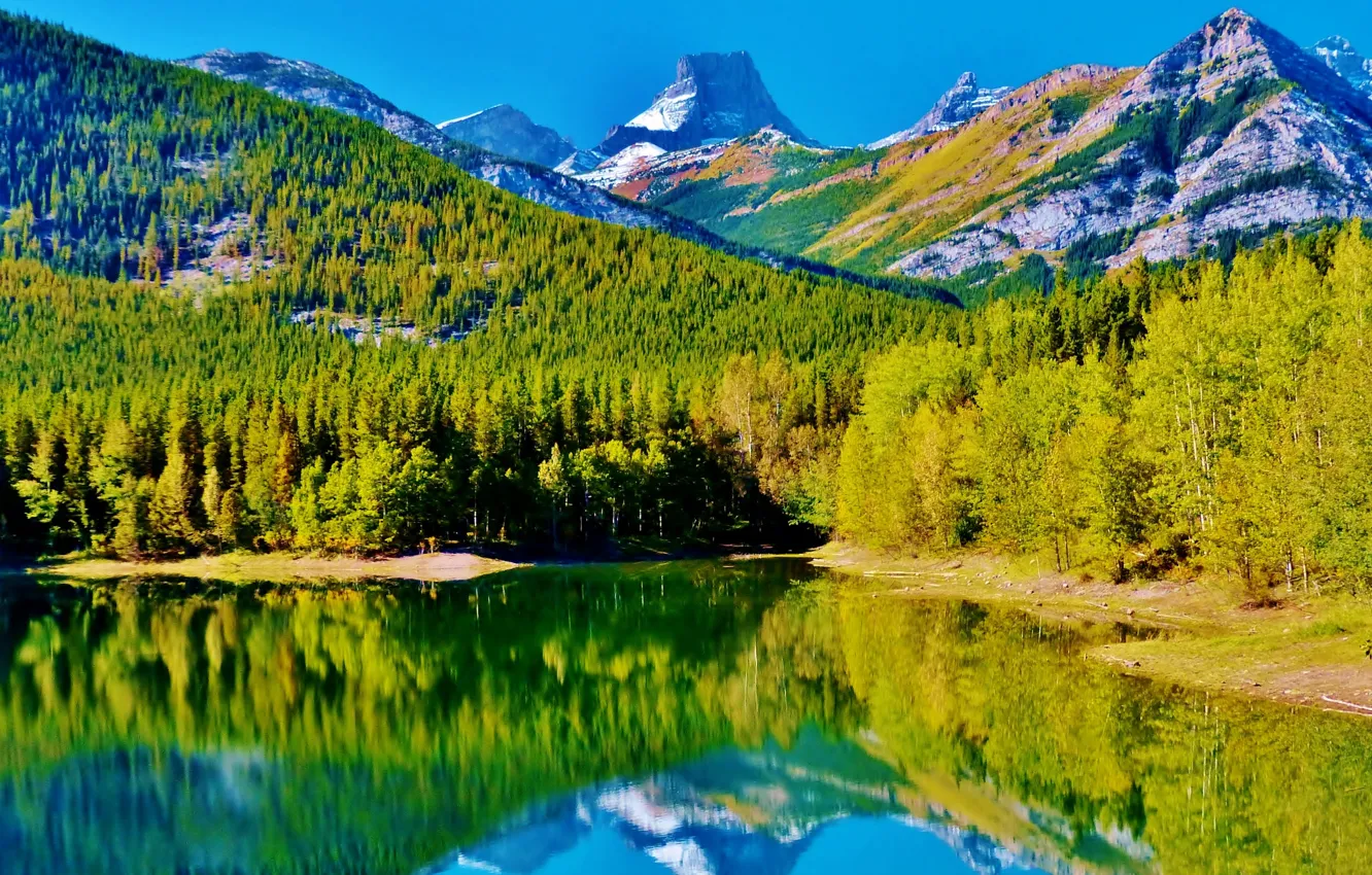 Фото обои осень, небо, деревья, горы, природа, озеро, отражение, Канада