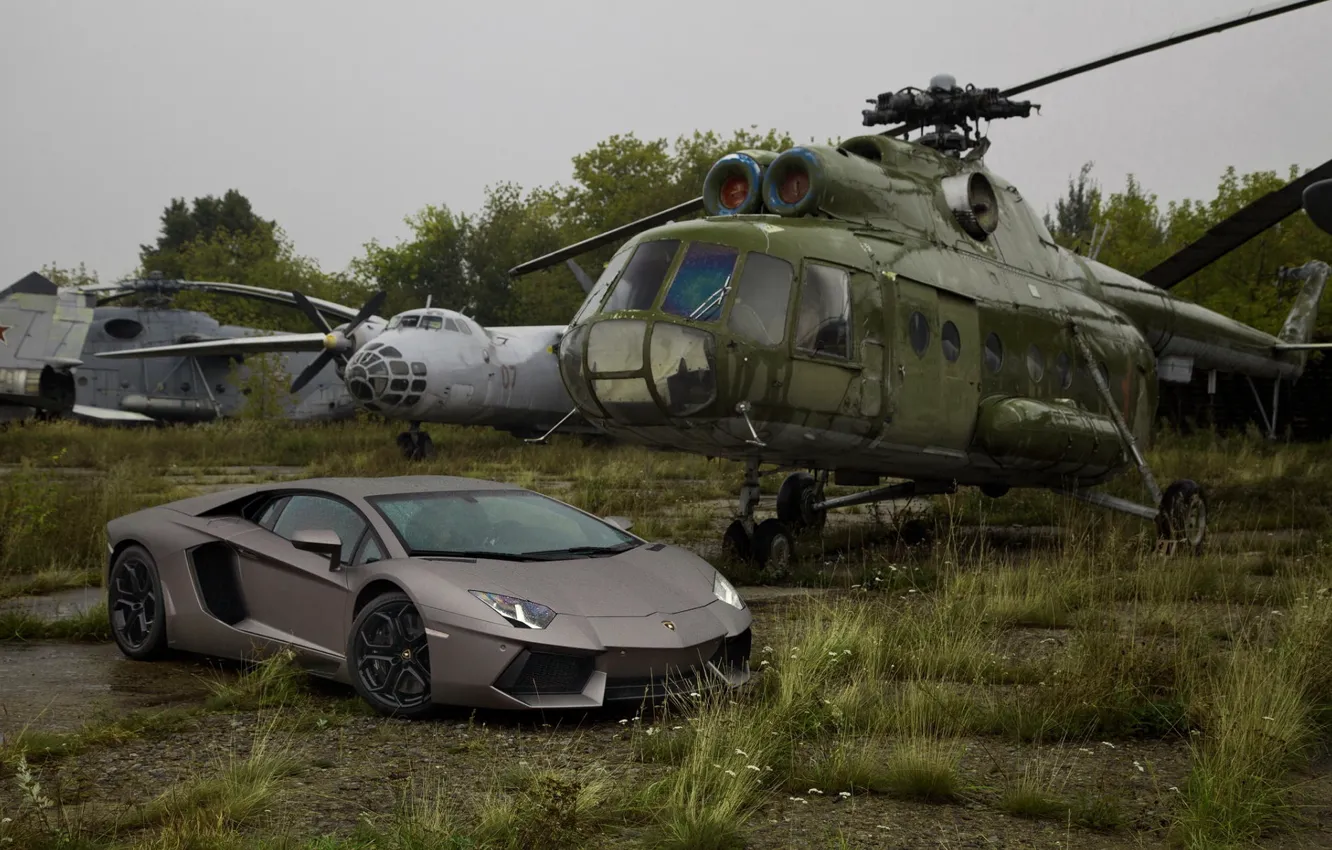 Фото обои Lamborghini, Ламборджини, Вертолет, Суперкар, Grey, LP700-4, Aventador, Авентадор