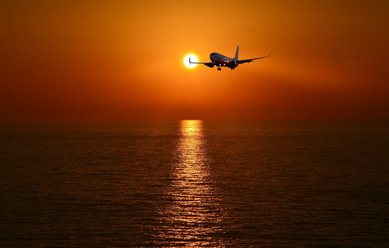 Фото обои море, закат, самолёт