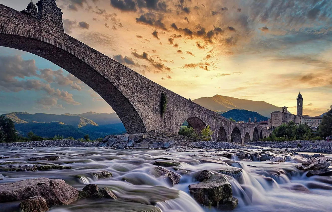 Фото обои Italy, bridge, sunset, mountains, scenic, old, ancient, Bobbio