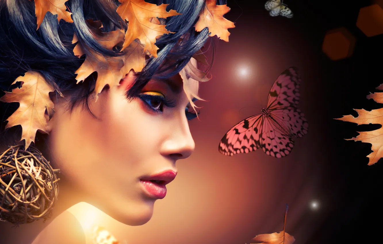 Фото обои листья, девушка, абстракция, лицо, бабочка, макияж, профиль