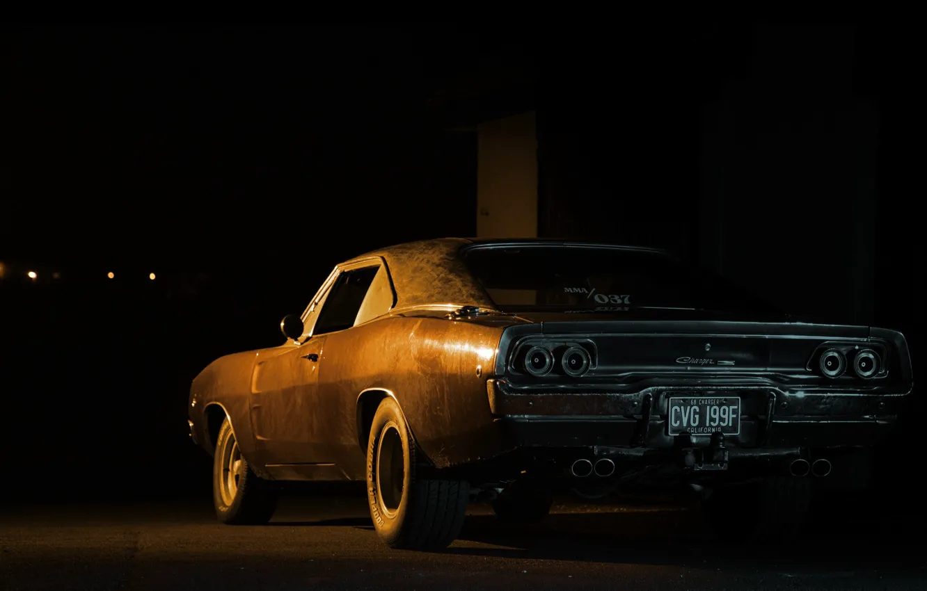 Фото обои black, dodge, night, charger, 1968, 70's, 60's, 2gen