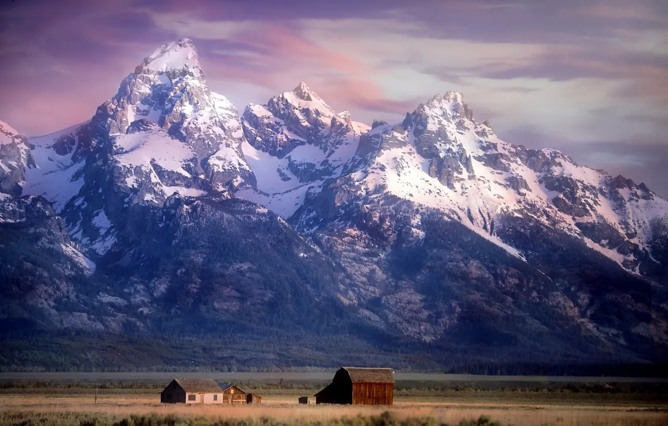 Фото обои горы, долина, Вайоминг, Wyoming, ферма, Grand Teton National Park, Скалистые горы, Rocky Mountains