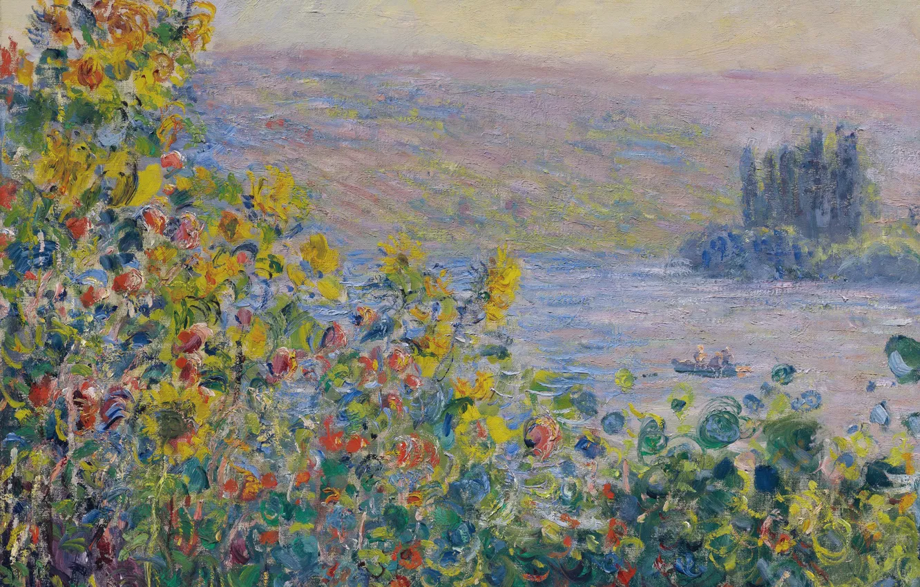 Фото обои пейзаж, цветы, картина, Клод Моне, Flowers Beds at Vetheuil