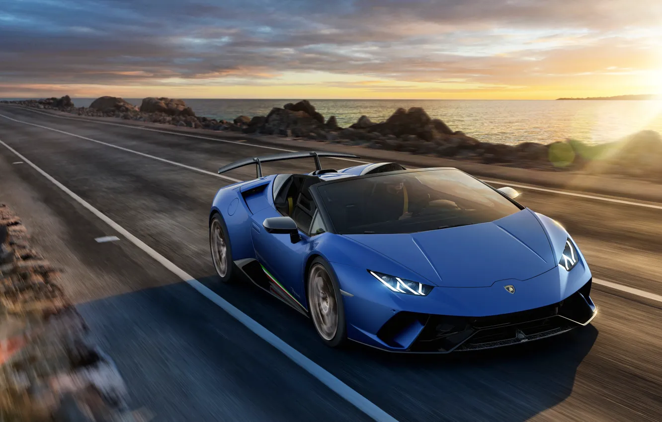 Фото обои закат, побережье, Lamborghini, Spyder, 2018, Performante, Huracan