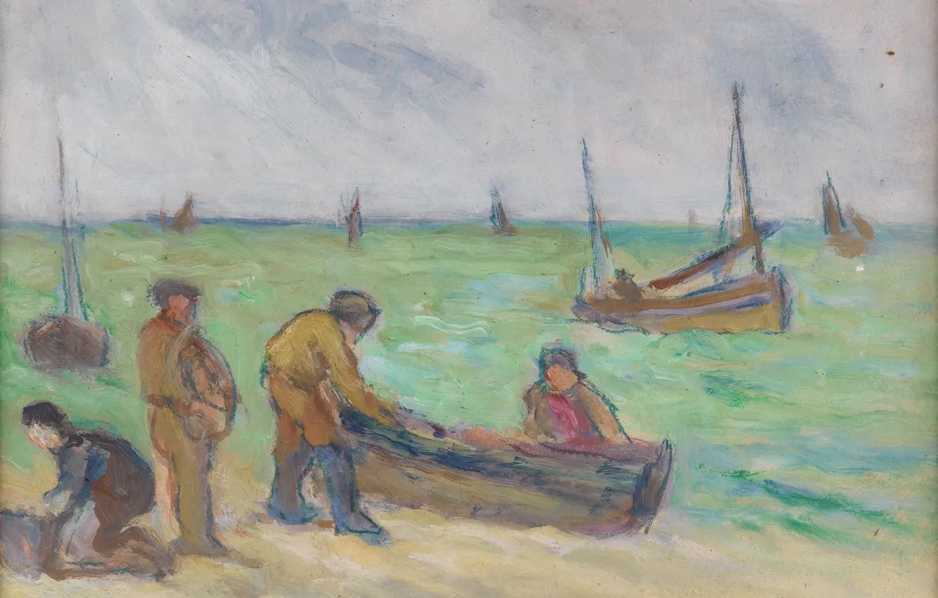 Фото обои море, лодка, картина, 1936, Максимильен Люс, Maximilien Luce, Выгрузка