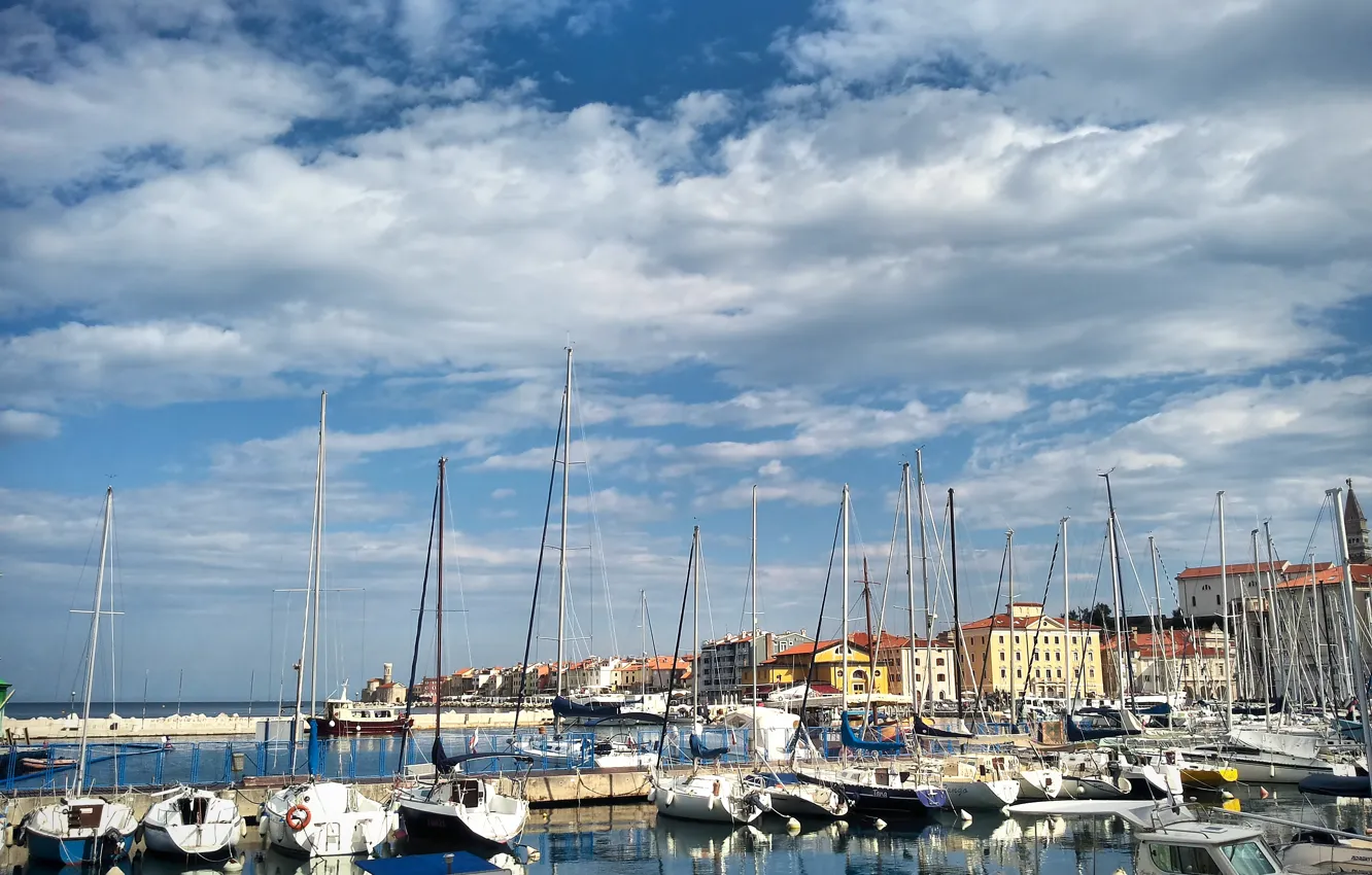 Фото обои здания, дома, лодки, Пиран, Словения, Slovenia, Адриатическое море, Piran
