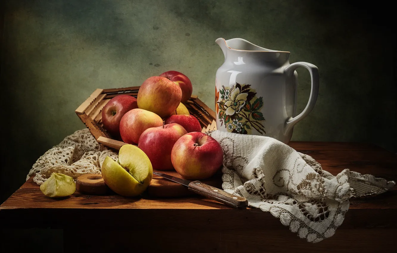 Фото обои темный фон, стол, яблоки, яблоко, еда, нож, посуда, красные
