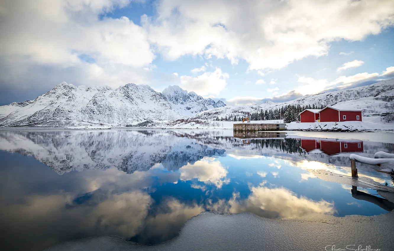 Фото обои облака, отражения, горы, утро, Норвегия, Лофотенские острова
