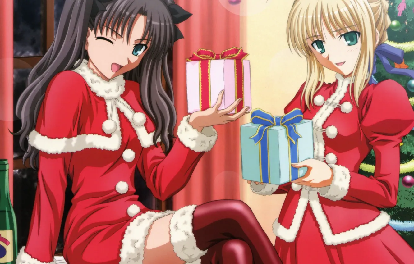 Фото обои девушки, новый год, аниме, подарки