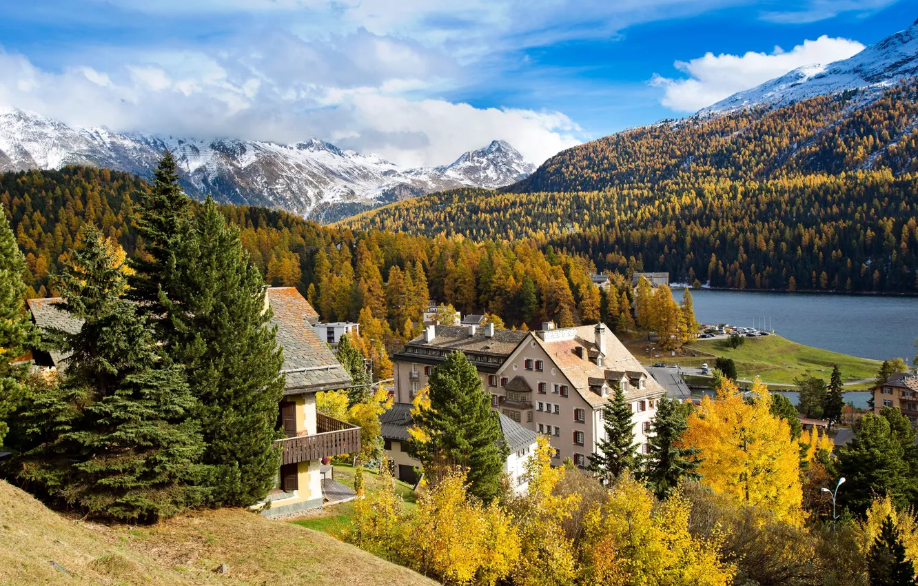 Фото обои осень, лес, горы, река, дома, Швейцария, St. Moritz