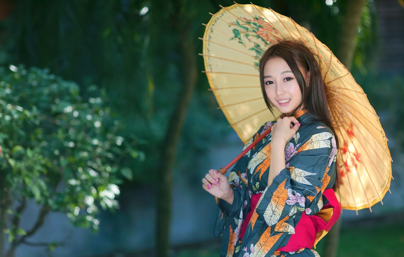 Фото обои девушка, стиль, зонт, наряд, азиатка