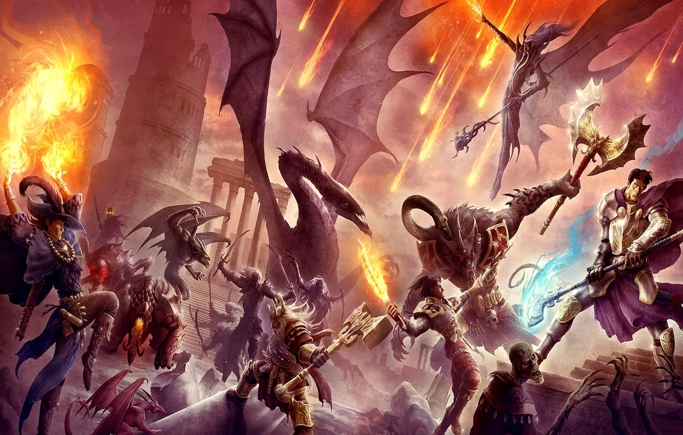 Фото обои люди, драконы, эльфы, монстры, гномы, битва, Underworld War Art Fantasy, battle Art