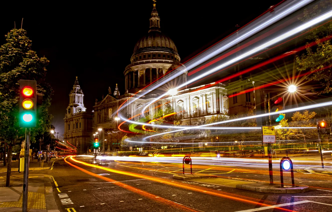 Фото обои свет, ночь, город, улица, англия, лондон, выдержка