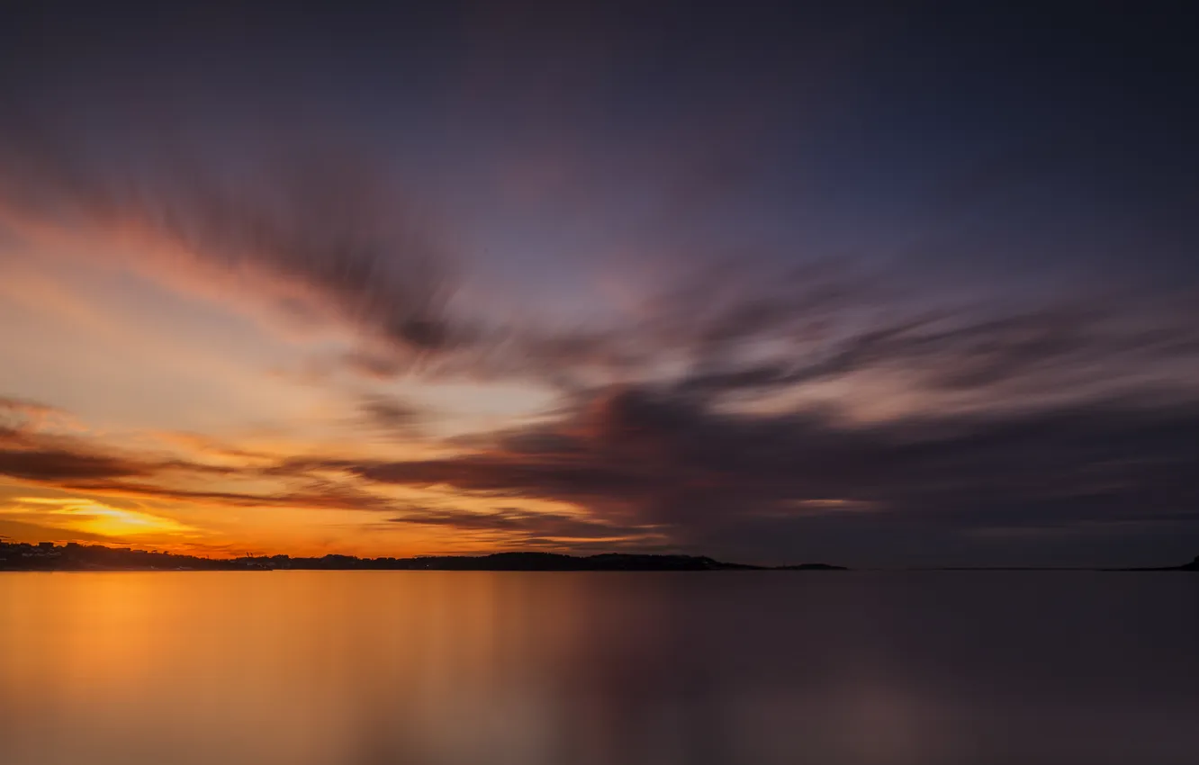 Фото обои море, небо, закат, городок, Rogaland Fylke, Hundvåg