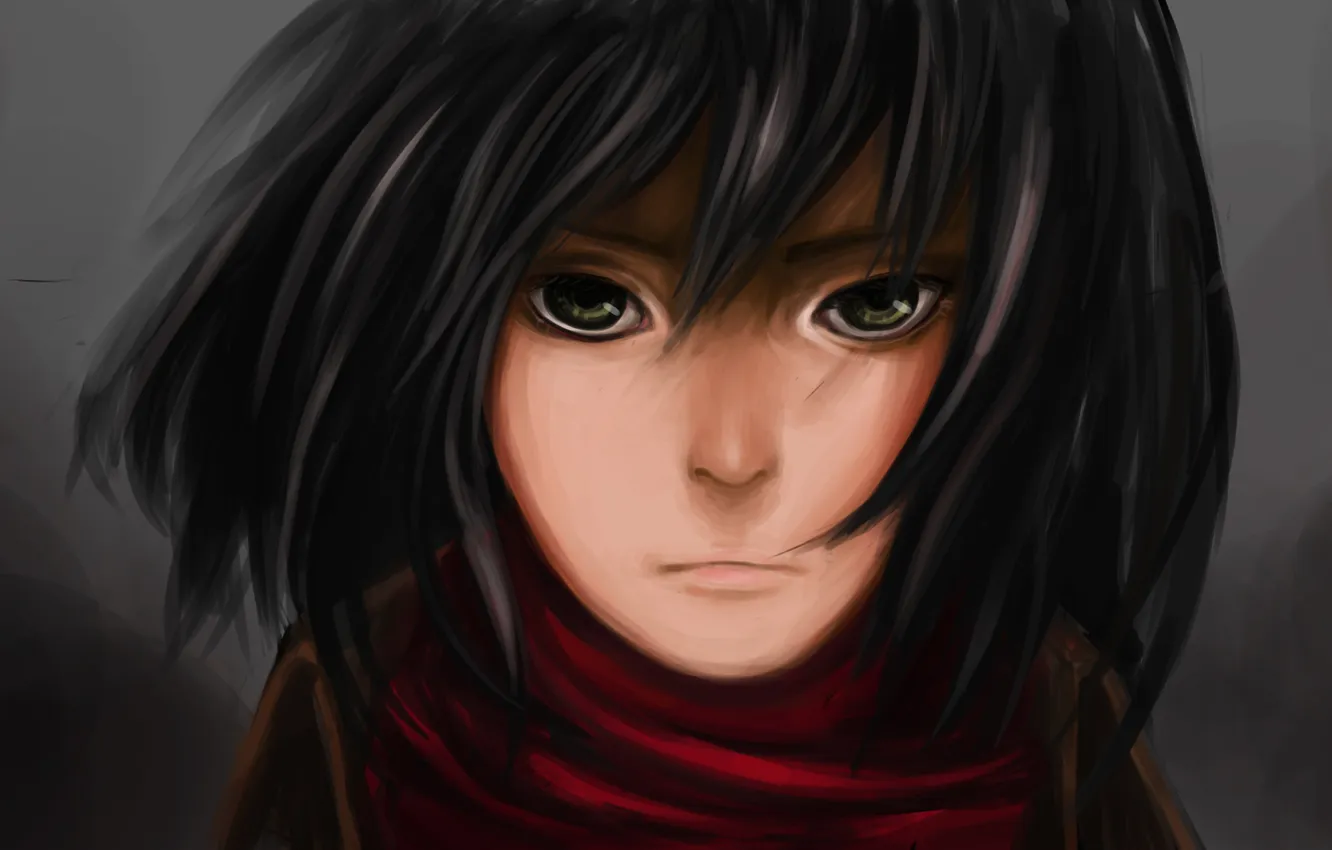 Фото обои взгляд, девушка, лицо, волосы, аниме, арт, Mikasa Ackerman, красный шарф