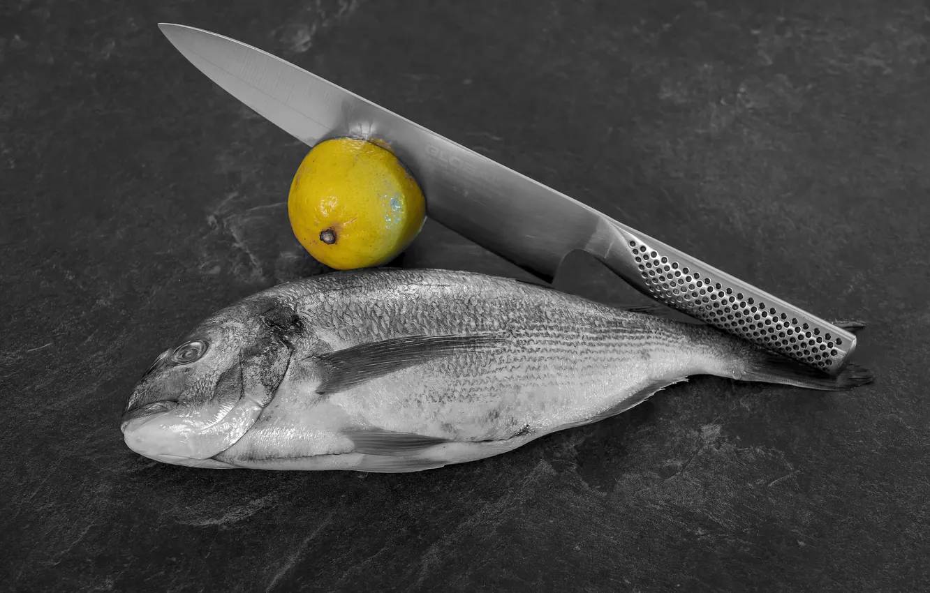 Фото обои фон, лимон, рыба, нож