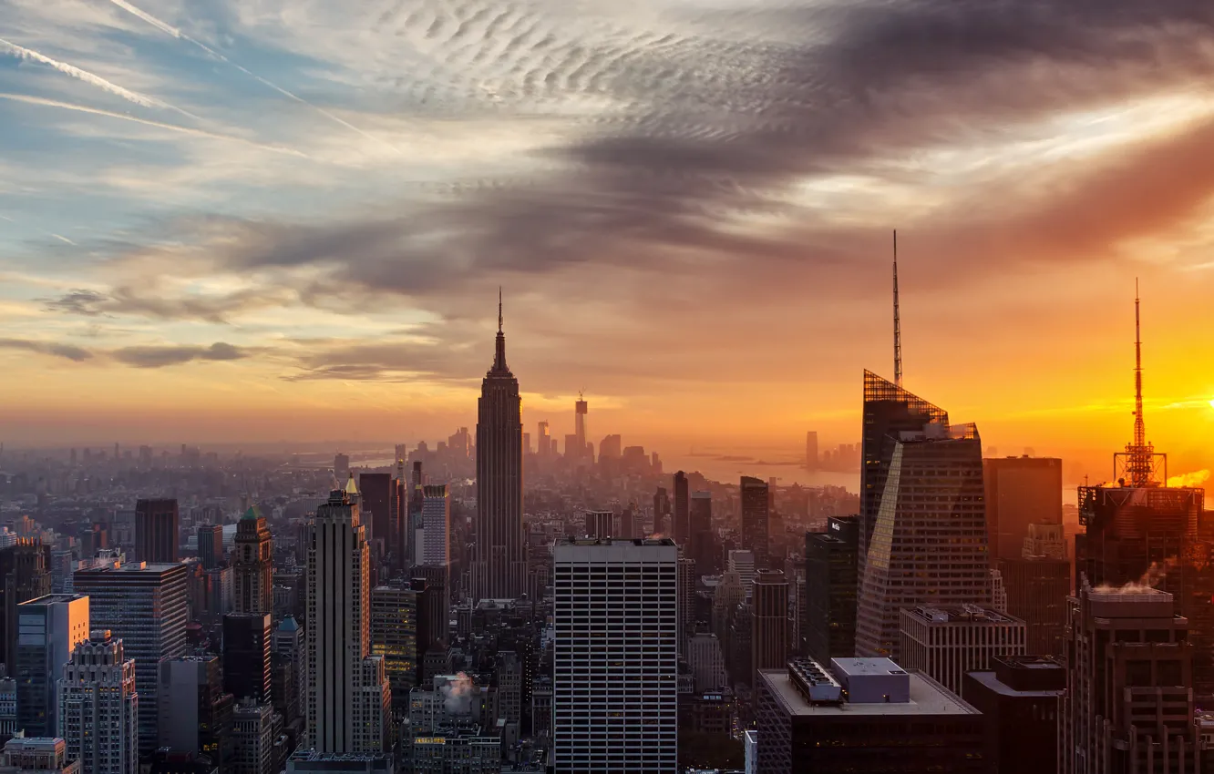 Фото обои закат, город, дома, Нью-Йорк, США, New York