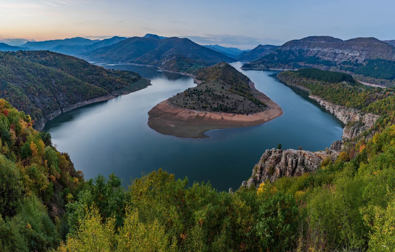 Фото обои осень, лес, горы, Болгария, Bulgaria, водохранилище, Arda River, Kardzhali Dam