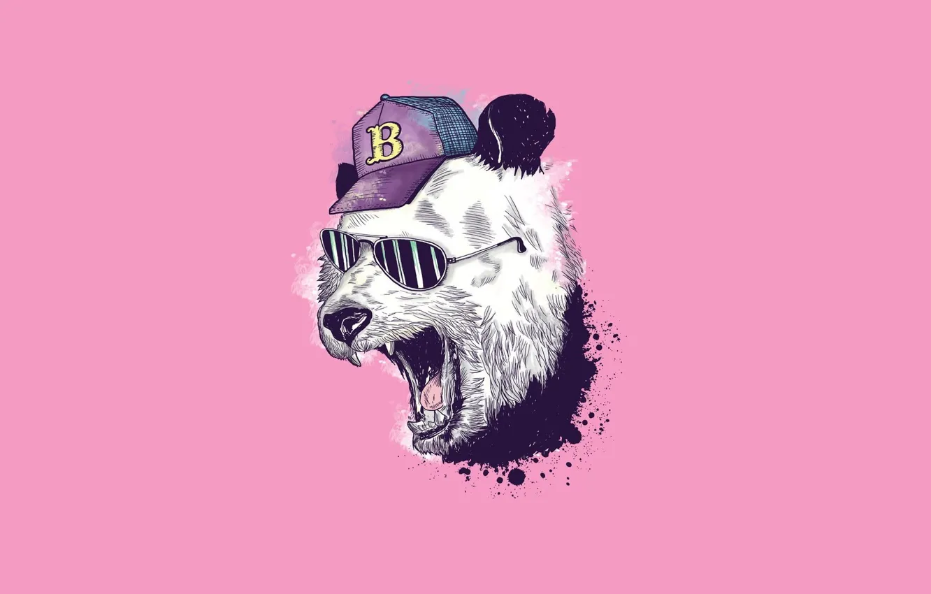 Фото обои юмор, Минимализм, очки, пасть, панда, бейсболка, pink