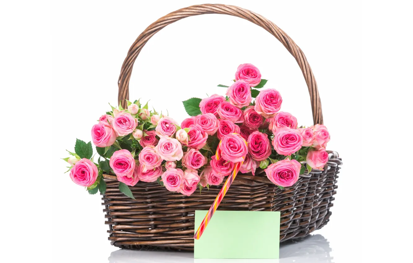 Фото обои корзина, розы, букет, pink, flowers, roses, basket