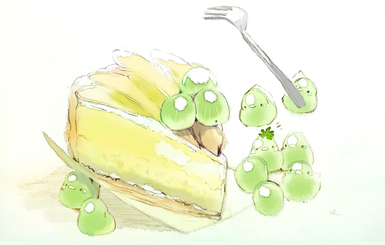 Фото обои ягоды, вилка, десерт, птенчики, кусок пирога, by drawing chisanne