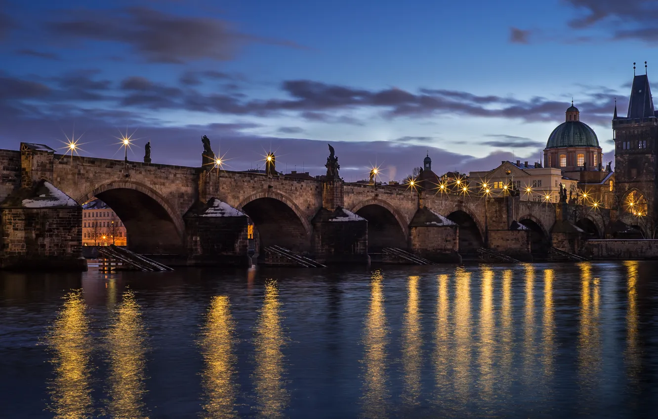 Фото обои ночь, мост, огни, Прага, Чехия, столица, Нове Место, Nove Mesto