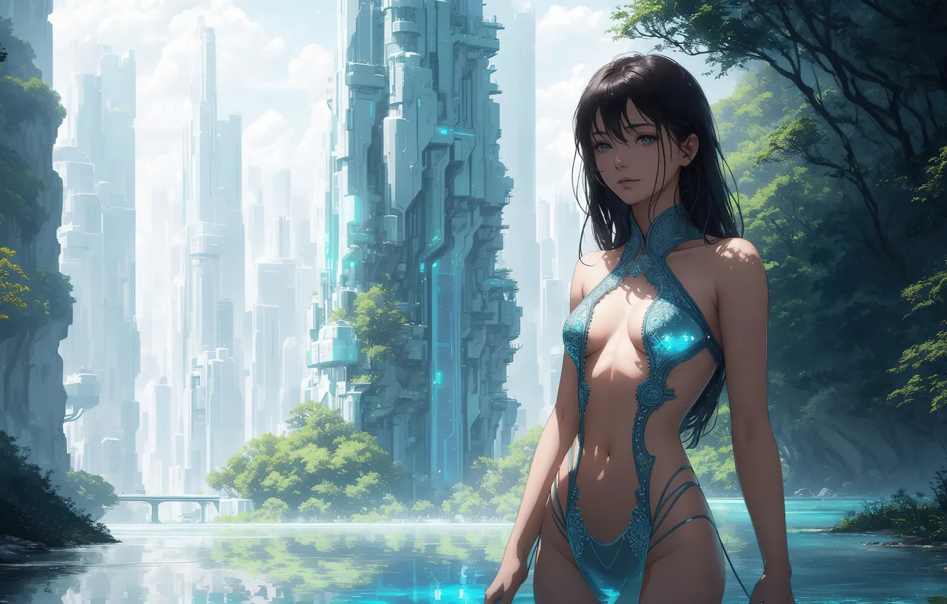 Фото обои girl, fantasy, nature, anime, art, cyberpunk, painting, fantasy art